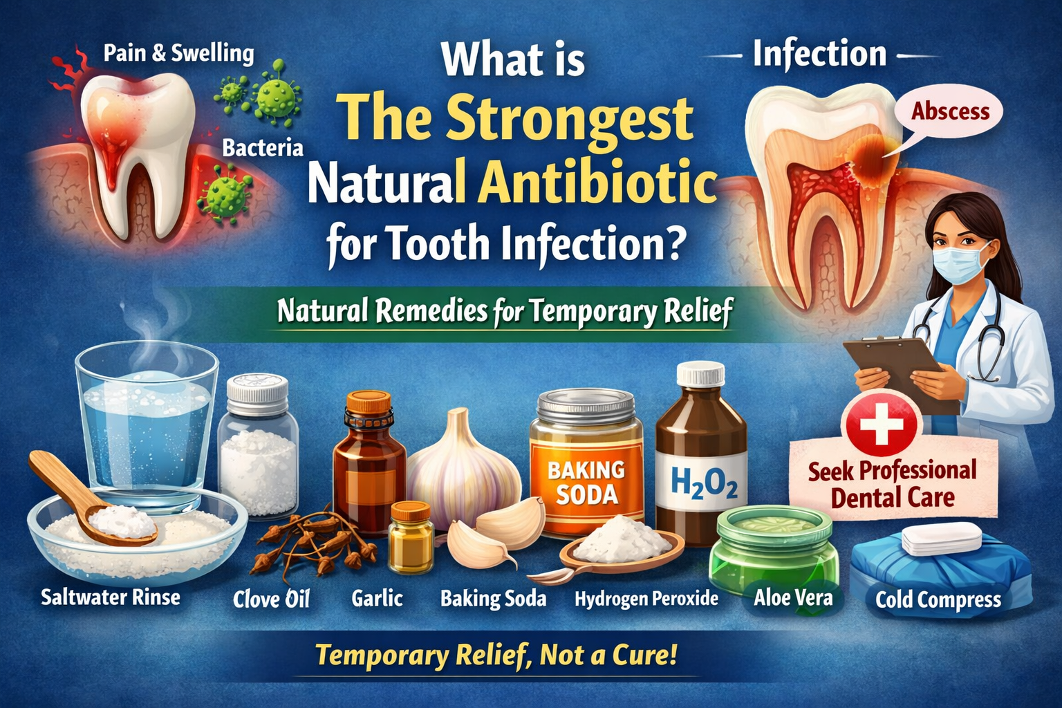 Strongest natural antibiotic for tooth infection illustrated with infected tooth, abscess, bacteria, pain, and natural remedies including clove oil, garlic, saltwater rinse, aloe vera, and baking soda.